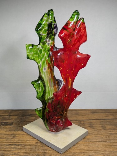 8¾" Glass Art Deco Sculpture w/ Base, Hand Crafted Abstract, Green Red Purple - Picture 3 of 19