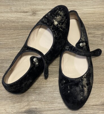 BEBERLIS BLACK & Gold VELVET  MARY JANE Genuine Leather Lined Sz 40 US 9 SPAIN