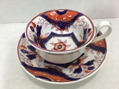 Gaudy Dutch Welsh Teacup Saucer Hand Painted Cobalt Blue Iron Red Copper/Pink 