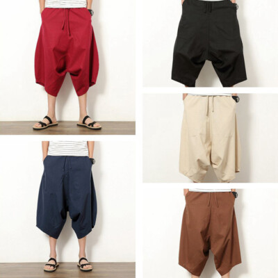 Mens Linen Capri Wide Leg Pants Shorts Drop Crotch Harem Trousers Crop Retro