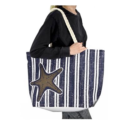 navy and white striped bag