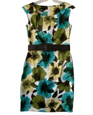 AB Studio Sheath Dress Women 6 Sleeveless Floral Print Belted Event Church Work