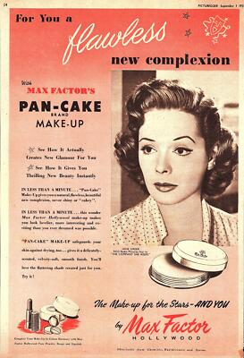 1951 Werbung MAX FACTOR ''Pan-Cake'' Make-up Vintage JANE GREER Print Ad Ephemera