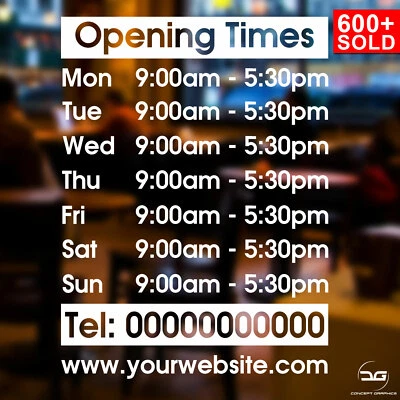 CONCEPT GRAPHICS Opening Hours Times Personalised Customised Window Shop Sign Vinyl Decal Sticker