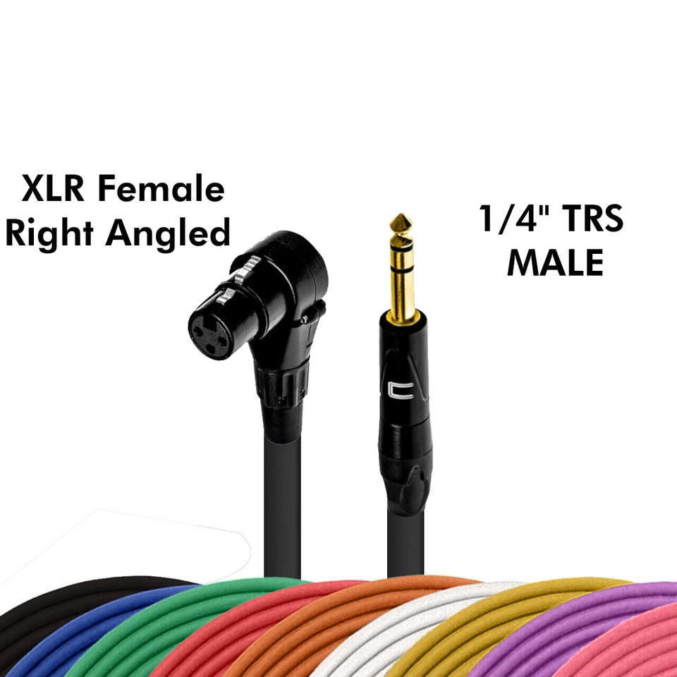 Right Angle 3-Pin XLR Female to 1/4" TRS Male Balanced Cable Custom Length Color - Image 2 of 4