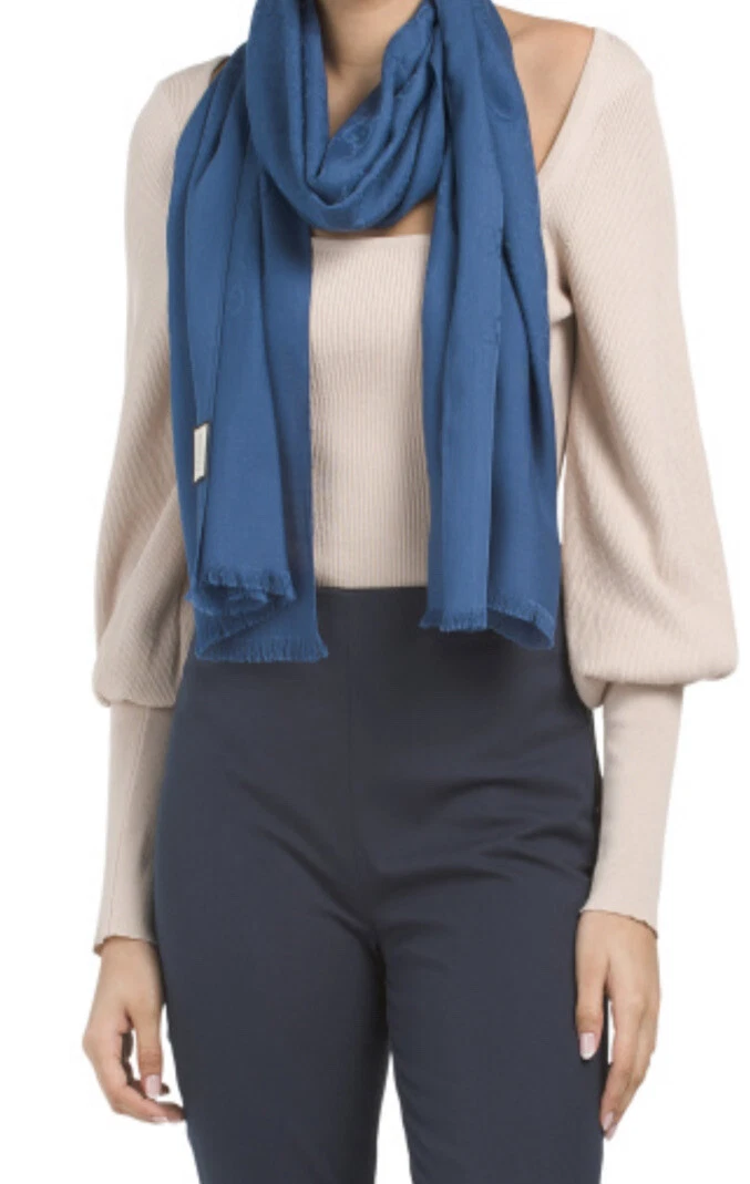 Neuf ! Écharpe femme Gucci bleu royal laine légère soie GG foulard vissima