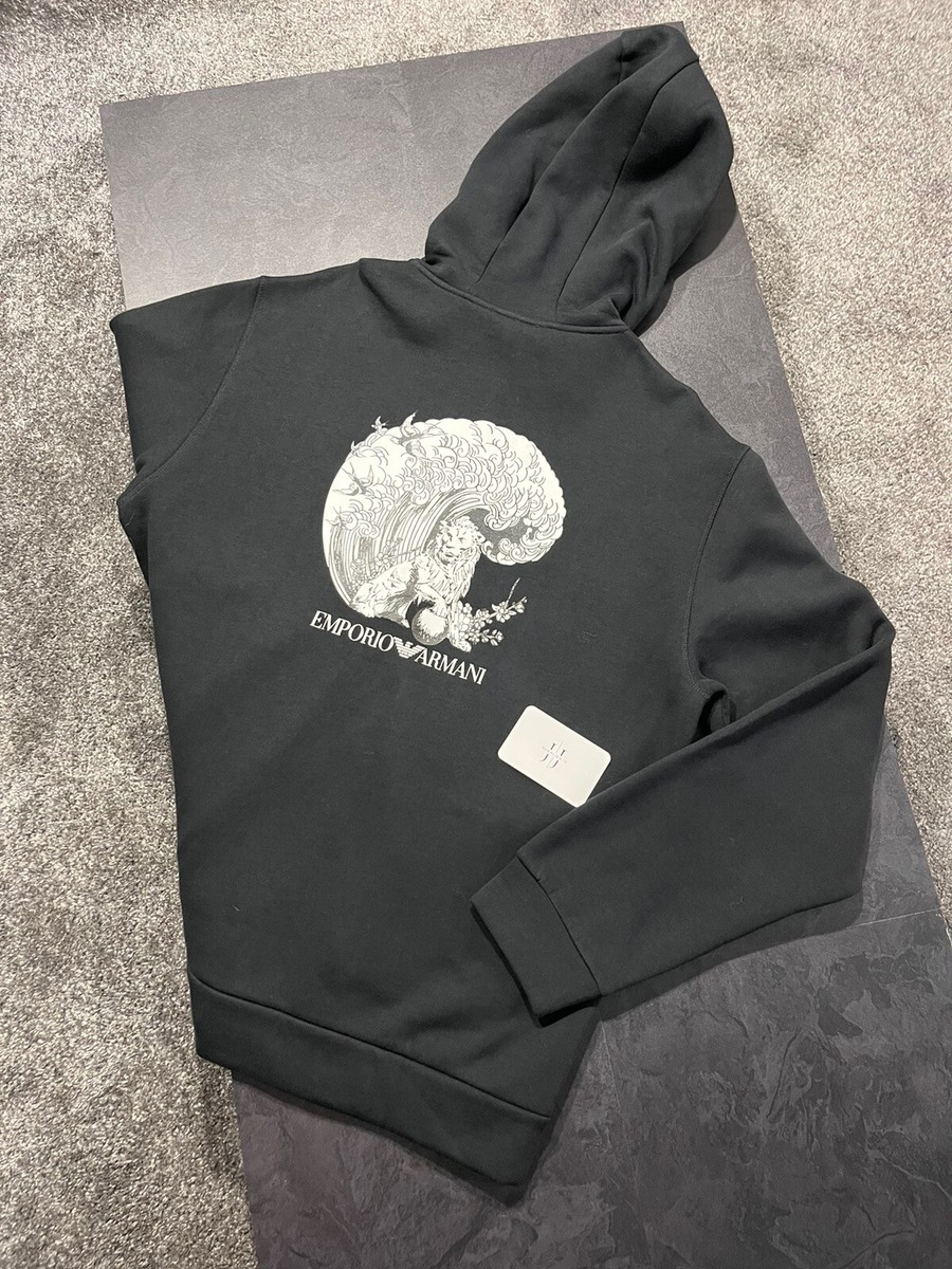 EMPORIO ARMANI WAVELION BLACK HOODIE, BRAND NEW, MENS, SIZE XL 