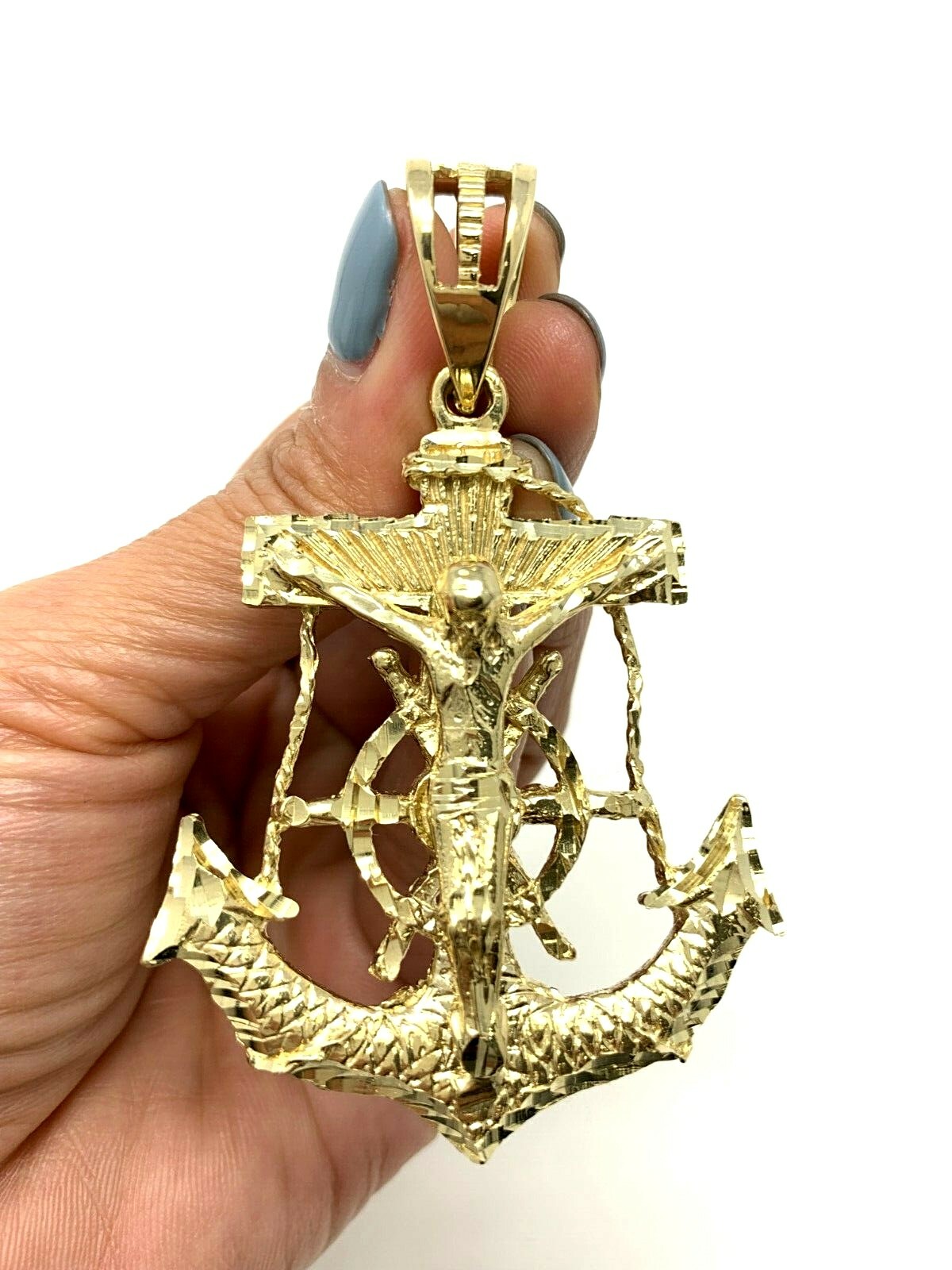 14k Yellow Gold Solid Big Anchor Mariner Cross Jesus Crucifix Pendant 3 ...