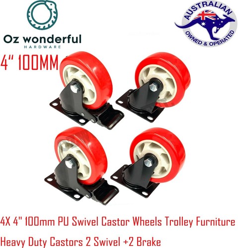 4X 4" 100mm PU Swivel Castor Wheels Trolley Furniture Heavy Duty Castors 2 Brake - Picture 4 of 7