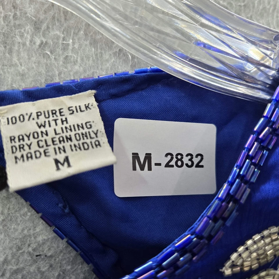 Laurence Kazar 女式连衣裙 M 蓝色丝绸花卉串珠亮片紧身衬里全新带标签 — 第 2/4 张图片