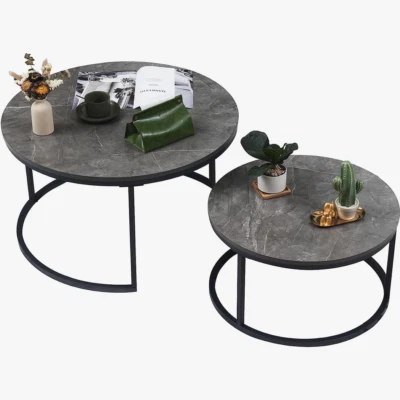 Couchtisch Rund 2er Set Grau Marmor Beistelltisch Wohnzimmertisch Satztische DPD - Bild 1 von 4