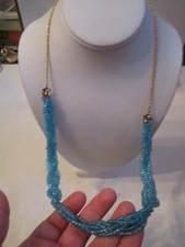 VINTAGE BLUE GLASS BEADED NECKLACE - 24" LONG - SC-7