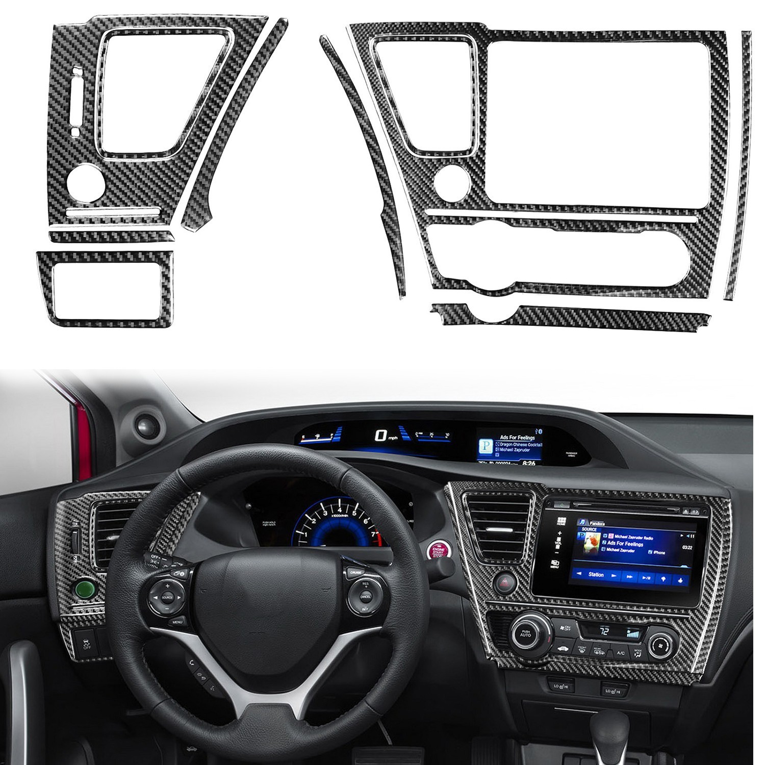 10Pcs Carbon Fiber Full Kit Interior Cover Sticker For Honda Civic 9th 12-15