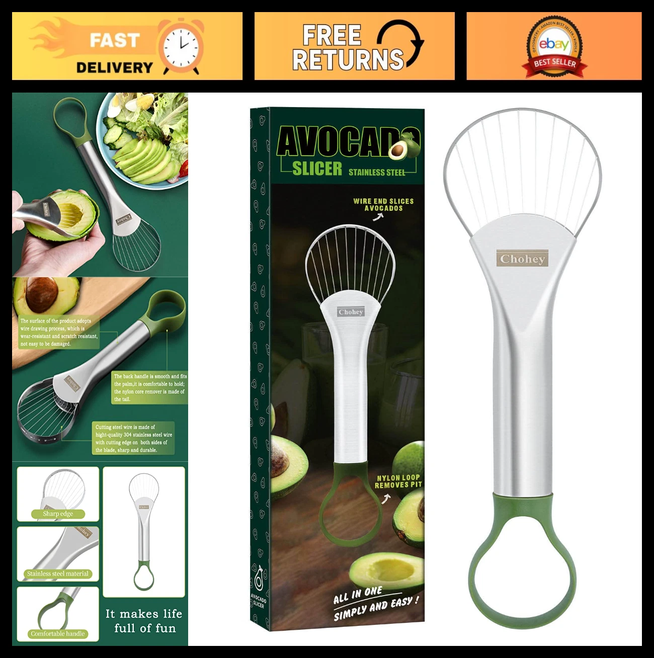 Avocado Slicer & Pitter Tool - Stainless Steel Cutter/Peeler for Perfect Slices