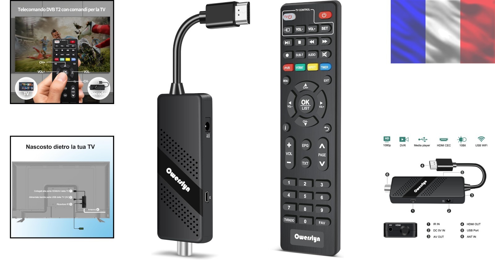 Décodeur TNT HD pour salon avec lecteur multimédia USB et télécommande fluide