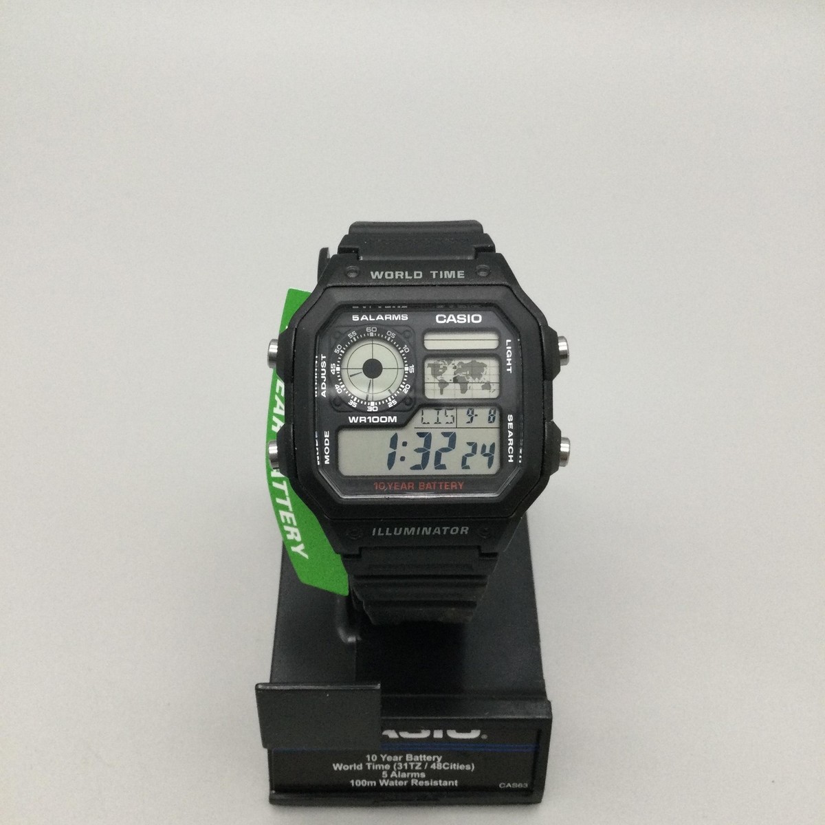 Casio 3299 AE-1200WH Mens Watch 39mm Black Digital World Time 100M