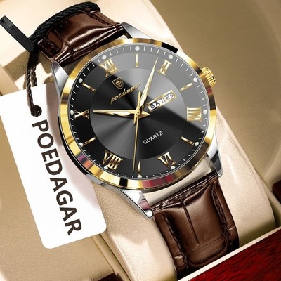 POEDAGAR Luxury Watch Quartz Men's With Leather Strap Waterproof Wristwatch.