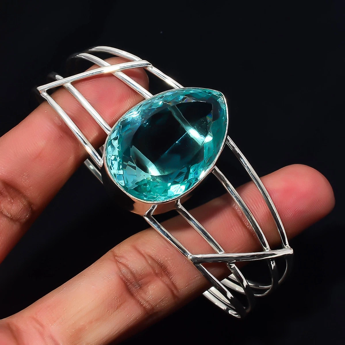 Blue Topaz Gemstone 925 Sterling Silver Handmade Bangle Jewelry Gift For Her