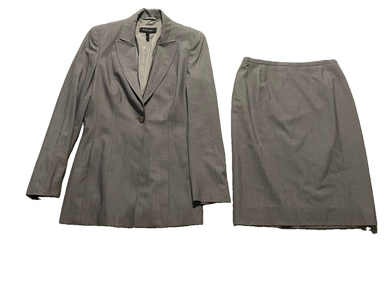 ESCADA 2 Pc Gray Blazer Jacket Skirt Wool Silk Blend Women’s Suit Sz 38 / 34
