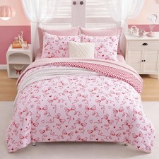 Full Size Comforter Set for Girls, Red Bow Bedding Set Reversible with Cute Hear