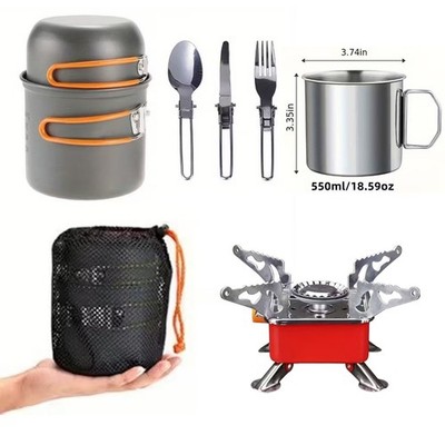 Camping Cooking Set - Gas Stove, 2 Pots, Big 18.6 oz Mug, Foldable Silverware US