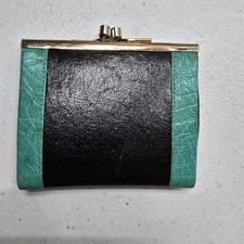 Vintage Mini Green Black Leather Change Case Purse Pocket Kiss Lock Italian Made
