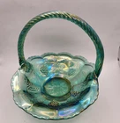 Vintage Fenton Carnival Glass Basket "Paneled Grape" - Teal Iridescent