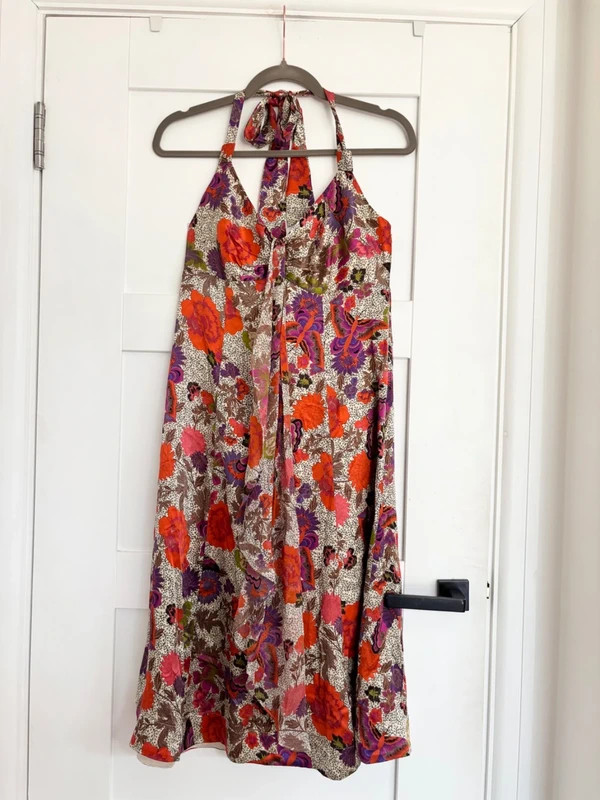 Vestido Monzón 100% Seda Boho Cuello Halter Floral Estampado Mariposa Ocasión UK10