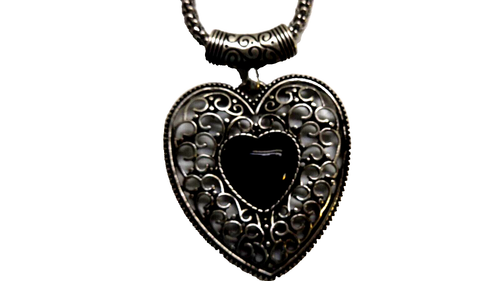 Silver Heart Necklace With Black Onyx Stone - Picture 3 of 3