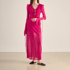 Occident Women Palace Style Dress Summer V-neck Design Long Sleeve Solid Color