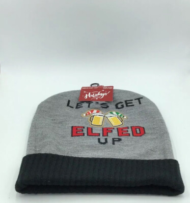 Christmas Happy Holiday Lets Get Elfed Up Winter Beanie Knit Hat Mens OS