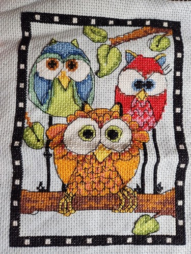 Owl Trio Crosstitch Finished Decorative Art, 8" X 8.5"