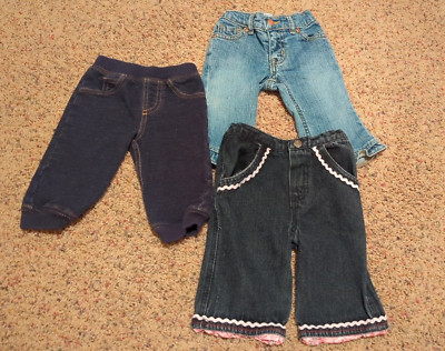 Three Pairs Mixed Brand Infant Girls Jeans,  3-6 Months, 6-9 Months And 6 Months