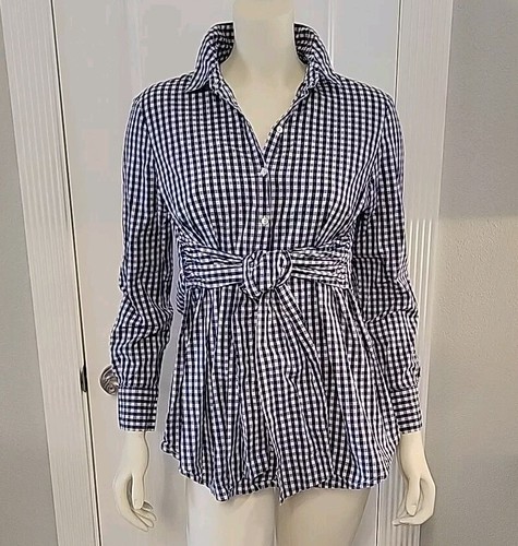 Isabella Oliver, London Blue Check Maternity Wrap Tie Button-Up Tunic US6/8 NWOT - Picture 2 of 9