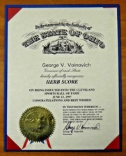 Rare Herb Score Cleveland Baseball Hall of Fame Certificate 