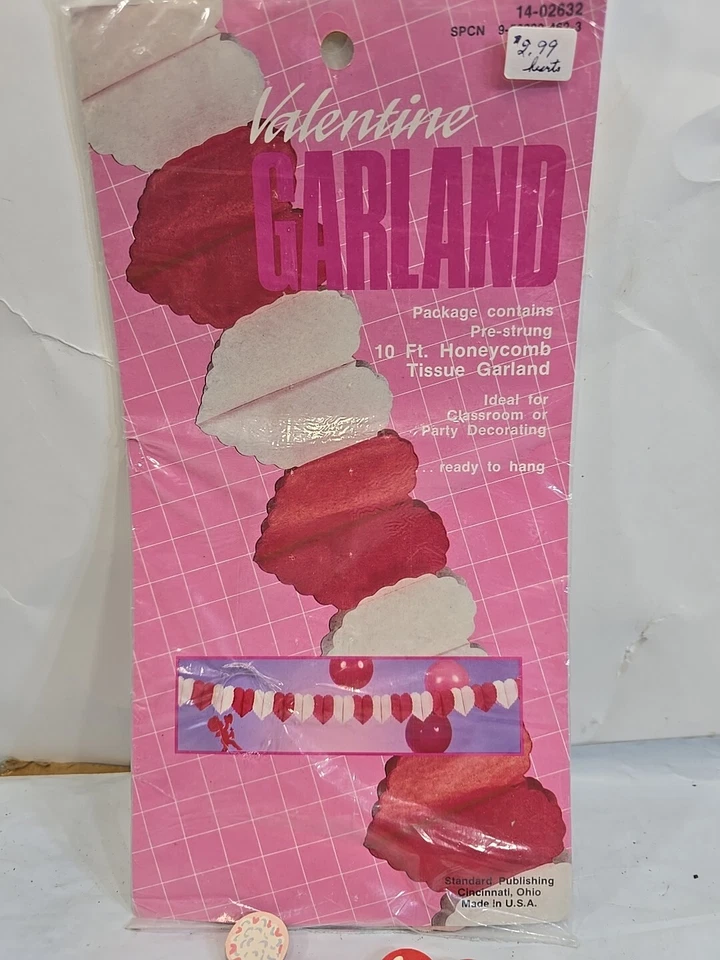 Oso de fiesta escaneado 1988 y guirnalda de 10 pies para decoración de pañuelos de corazón nuevo de Lote Antiguo Foto 2 de 4