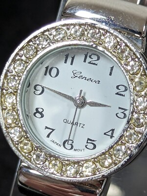 Geneva White Dial Round Crystal Accent Silver Tone Case Hinge Bracelet Watch