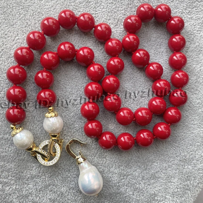 Collar colgante de perlas barrocas de 8/10 mm redondas de perlas rojas de coral de 15x20 mm Foto 2 de 4