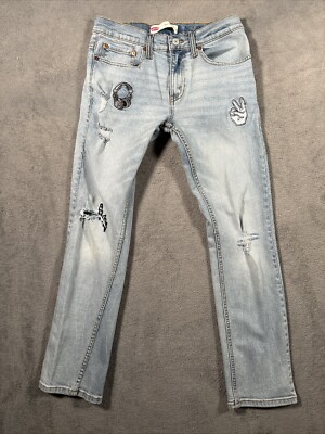 Levis 511 Jeans 28x28 Slim Light Blue Straight Leg Low Rise Distressed Patches