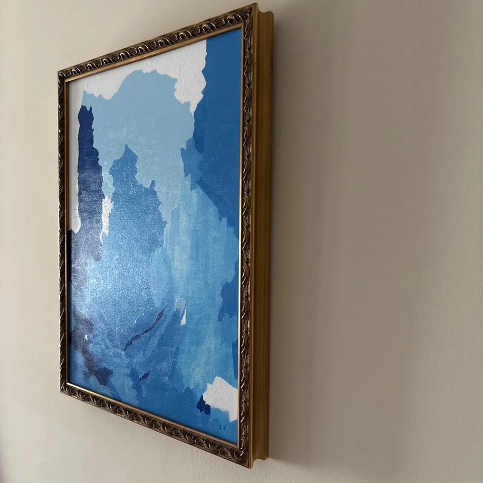 Pintura Acrílica Expresionista Abstracta Enmarcada Azul Moderna Contemporánea Foto 3 de 3