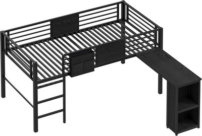 Low Loft Bed Twin Size with Desk & 25 Heavy-Duty Steel Slats, Black | 2-Tier Cab