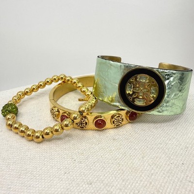 Rustic Cuff Bracelets Lot of 3 Gold Tone Cuff Green Metallic Leather Embellished