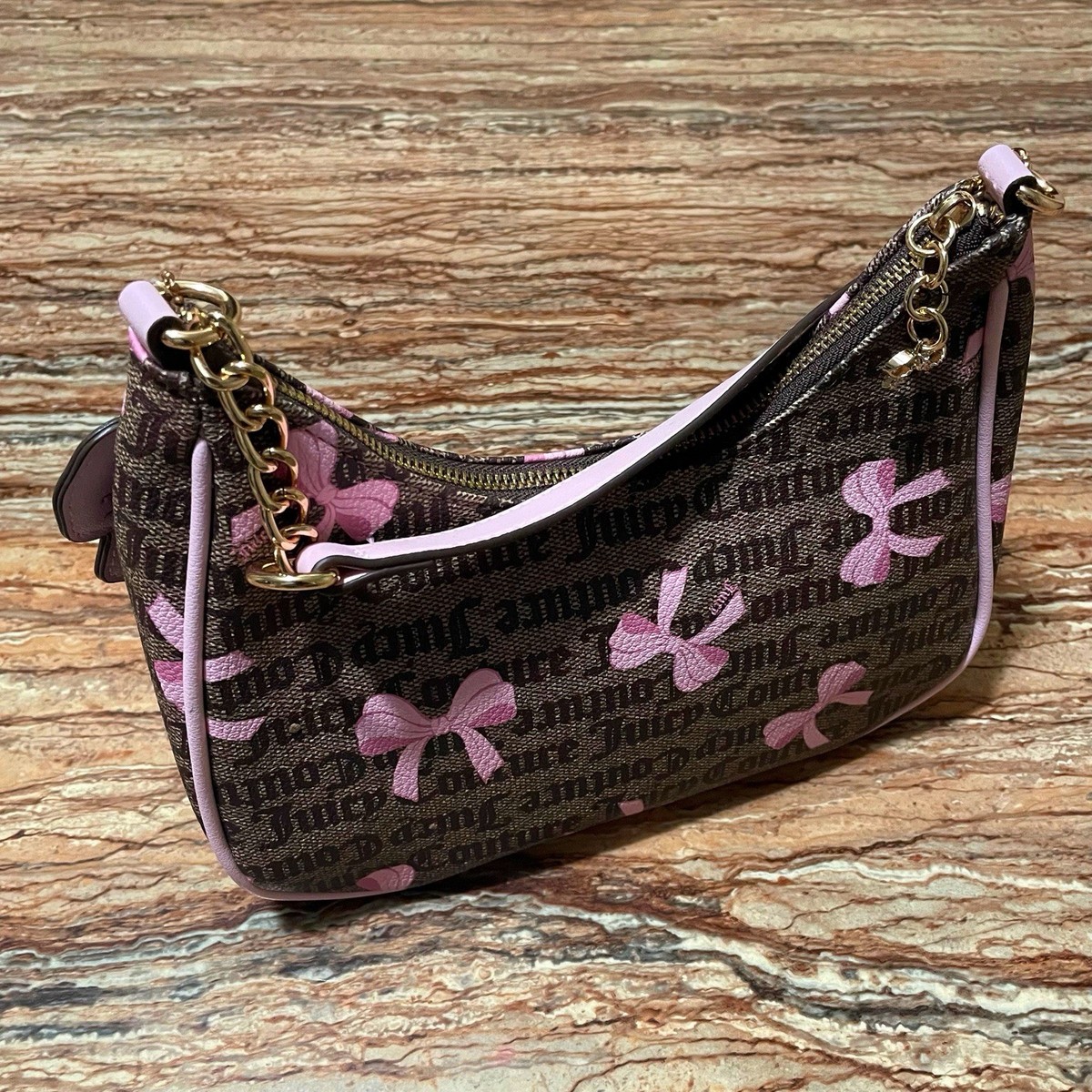 Juicy Couture Brown Shoulder Bag Coquette Pink Bow Print Y2K Purse 