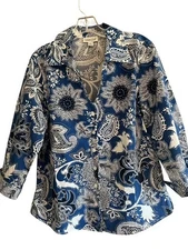 Coldwater Creek Sz Large Blue & White Paisley 3/4 Sleeve Button Down Shirt