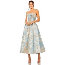 Mac Duggal 20726 Strapless Floral Brocade Tea-Length Gown Blue Gold Metallic 4