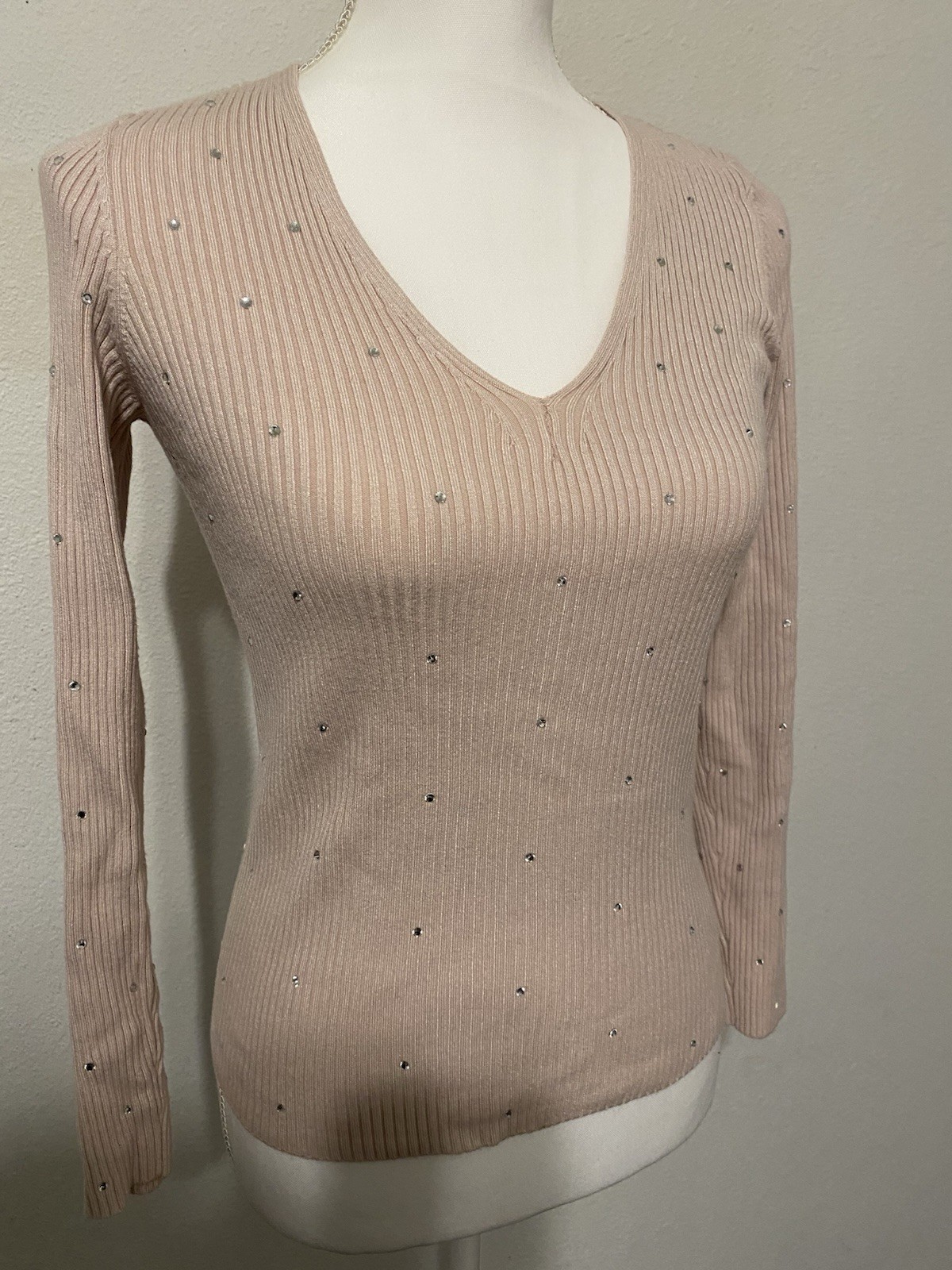Express Ribbed Knit Rhinestone Pullover Sweater V… - image 3