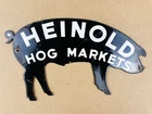 VINTAGE HEINOLD HOG MARKETS 12x7" GAS PUMP STATION PIGS PORCELAIN MOTOR OIL SIGN