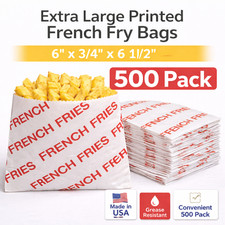 French Fry Bags 6" x 3/4" x 6.5" Extra Large Printed Grease Resistant 500 Pack