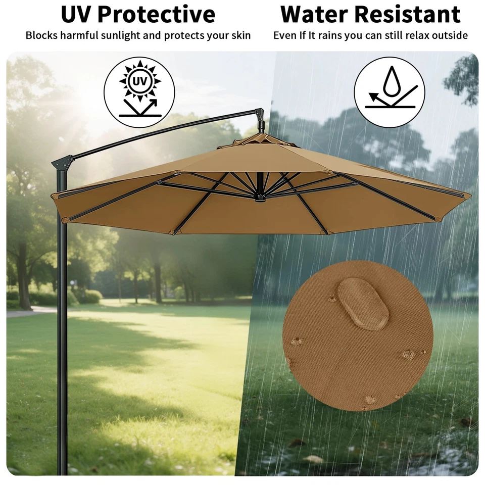 9ft Patio Umbrella Outdoor Aluminum Pole Crank Tilt Round Function Tan Canopy - Image 2 of 4