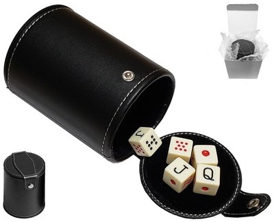 Spanish Poker Dice Ivory Tone + PU Leather Black Felt Lined Cup Compartment Bex